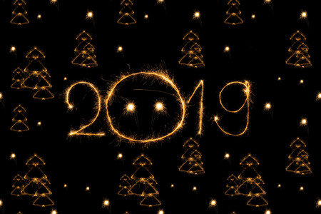 2019 and fir tree light sings on black background