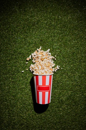 top view of popcorn lying on grass near popcorn cupの写真素材