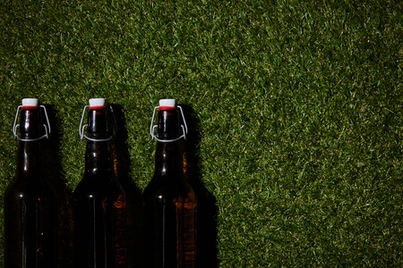 top view of brown bottles with beer lying on grassの写真素材