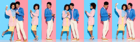 collage of young african american man and woman taking selfie and looking at smartphone on blue and...