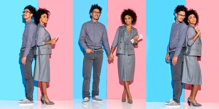 collage of young african american businesswoman and man holding hands and working with gadget on...