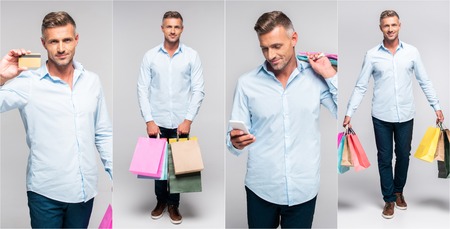 collage of handsome middle age man holding multicolored shopping bags, smartphone and credit card on...