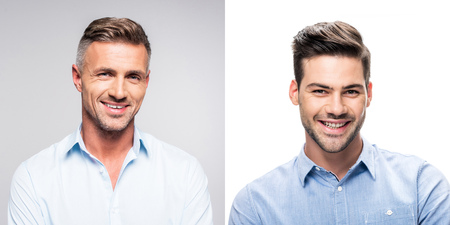 collage of portraits handsome men in white and blue shirts on gray and white backgroundの写真素材