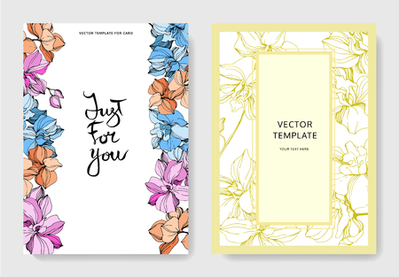 Vector Pink, orange and blue orchid flower. Engraved ink art. Wedding background card floral decorative border. Thank you, rsvp, invitation elegant card illustration graphic set banner.のイラスト素材