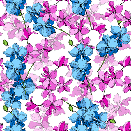 Vector. Orchid botanical flower. Blue and pink engraved ink art. Seamless background pattern. Fabric wallpaper print texture on white background.のイラスト素材