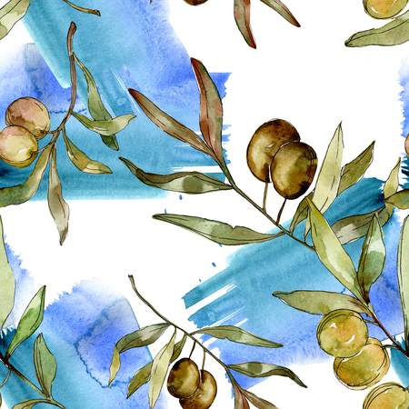 Green olives watercolor background illustration set. Watercolour drawing aquarelle. Green leaf. Leaf plant botanical garden floral foliage. Seamless background pattern. Fabric wallpaper print texture.の写真素材