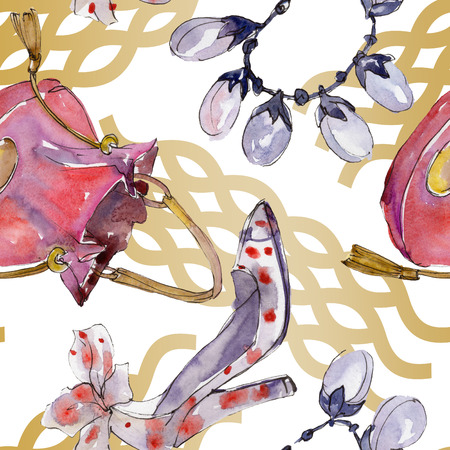 Watch, bracelet and bug sketch fashion glamour illustration in a watercolor style. Clothes accessories set trendy vogue outfit. Aquarelle seamless background pattern. Fabric wallpaper print texture.の写真素材