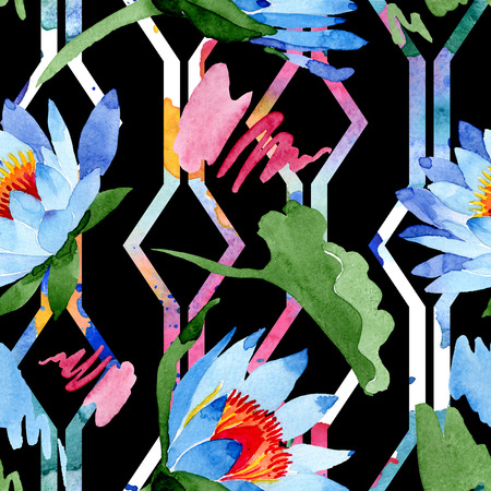 Blue lotus. Floral botanical flower. Wild spring leaf wildflower isolated. Watercolor background illustration set. Watercolour aquarelle. Seamless background pattern. Fabric wallpaper print texture.の写真素材
