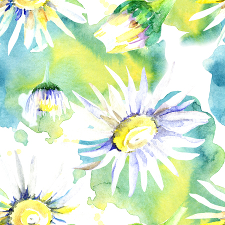 Daisy floral botanical flower. Wild spring leaf isolated. Watercolor background illustration set. Watercolour drawing aquarelle isolated. Seamless background pattern. Fabric wallpaper print texture.の写真素材