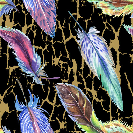 Colorful feathers. Watercolor bird feather from wing isolated. Aquarelle feather for background, texture, wrapper pattern, frame or border. Seamless background pattern. Fabric wallpaper print texture.の写真素材