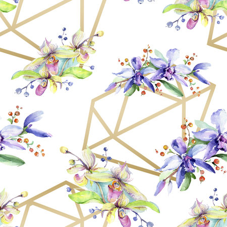 Pink and purple orchid flower. Wild spring leaf wildflower. Watercolor illustration set. Watercolour drawing fashion aquarelle isolated. Seamless background pattern. Fabric wallpaper print texture.の写真素材