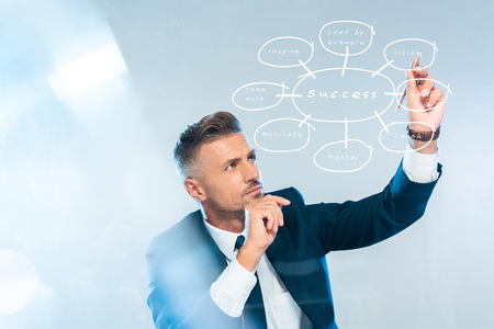 handsome businessman drawing success strategy isolated on white, artificial intelligence conceptの写真素材