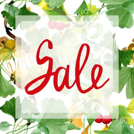 Green ginkgo biloba. Floral botanical flower. Wild spring leaf wildflower isolated. Watercolor background illustration set. Watercolour drawing fashion aquarelle isolated. Frame border ornament squareの写真素材