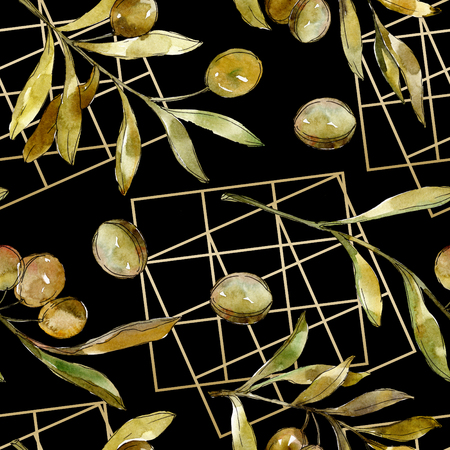 Green olives watercolor background illustration set. Watercolour drawing fashion aquarelle isolated. Green leaf. Leaf plant botanical garden floral foliage.の写真素材