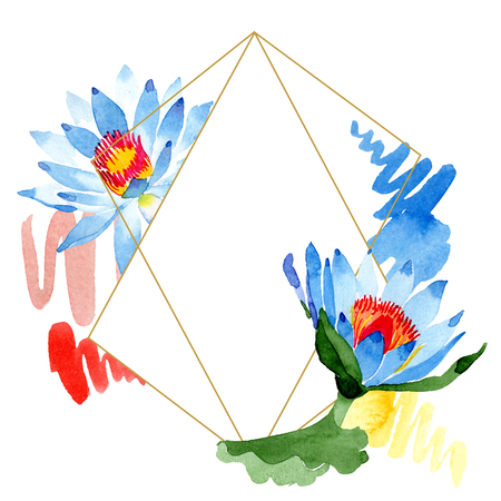 Blue lotus. Floral botanical flower. Wild spring leaf isolated. Watercolor background illustration. Watercolour aquarelle . Frame border ornament square. Crystal diamond rock jewelry mineral.の写真素材