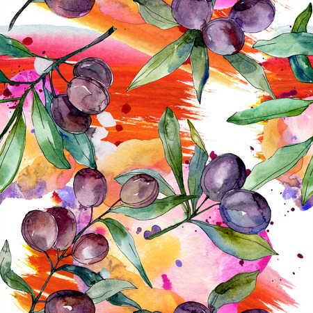 Black olive branch. Green leaf. Plant botanical garden floral foliage. Watercolor background illustration set. Seamless background pattern. Fabric wallpaper print texture.の写真素材