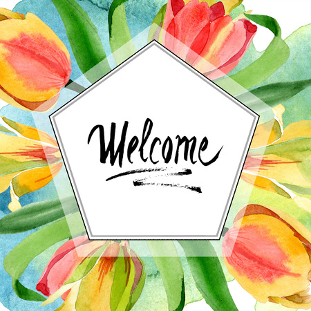 Yellow tulips. Floral botanical flower. Wild spring leaf wildflower isolated. Watercolor background illustration set. Watercolour aquarelle isolated. Frame border ornament square. Welcome calligraphy.の写真素材