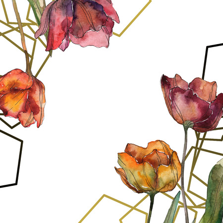 Red and burgundy floral botanical flower. Wild spring leaf wildflower isolated. Watercolor background illustration set. Watercolour drawing fashion aquarelle. Frame border ornament square.の写真素材