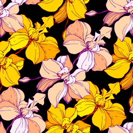 Vector Orange Orcid floral botanical flower. Wild spring leaf wildflower isolated. Engraved ink art. Seamless background pattern. Fabric wallpaper print texture.の写真素材