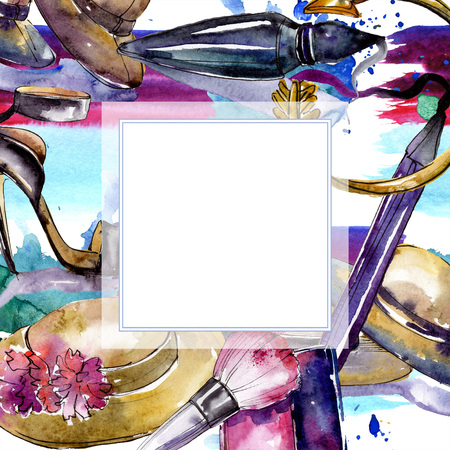 Cosmetics sketch fashion glamour illustration. Clothes accessories set trendy vogue outfit. Watercolor background illustration set. Watercolour drawing fashion aquarelle. Frame border ornament square.の写真素材
