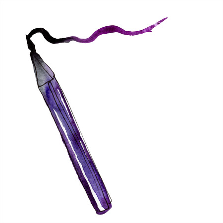 Purple eyeliner sketch fashion glamour illustration. Clothes accessories set trendy vogue outfit. Watercolor background set. Watercolour drawing fashion aquarelle. Isolated eyeliner element.の写真素材