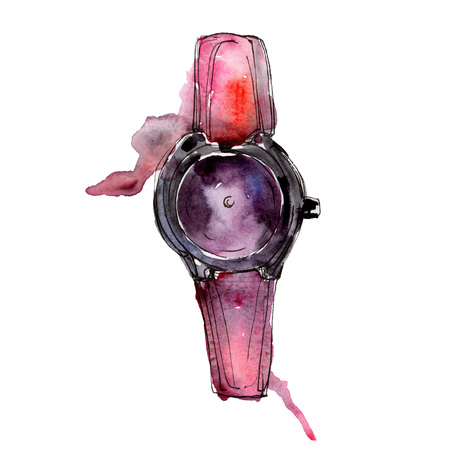 Watch sketch fashion glamour illustration in a watercolor style. Clothes accessories set trendy vogue outfit. Aquarelle fashion sketch for background. Watercolour drawing aquarelle isolated.の写真素材