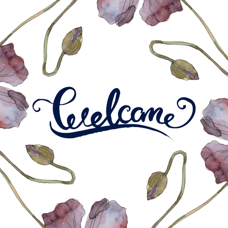 Red and purple poppy floral botanical flower. Wild spring leaf isolated. Watercolor background illustration set. Watercolour drawing fashion aquarelle isolated. Frame border ornament square.の写真素材