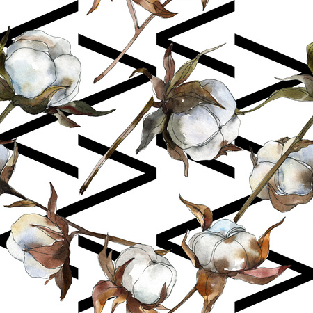 Cotton floral botanical flower. Watercolor background illustration set. Watercolour drawing fashion aquarelle isolated. Seamless background pattern. Fabric wallpaper print texture.の写真素材