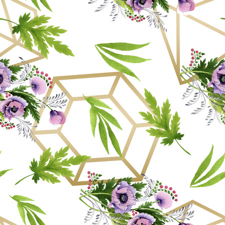Pink purple poppy botanical flower. Wild spring leaf isolated. Watercolor illustration set. Watercolour drawing fashion aquarelle. Seamless background pattern. Fabric wallpaper print texture.の写真素材