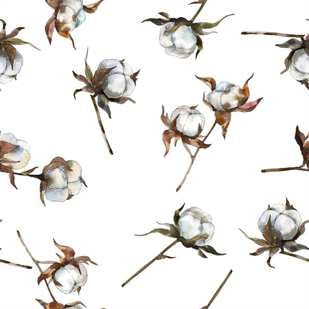 Cotton floral botanical flower. Watercolor background illustration set. Watercolour drawing fashion aquarelle isolated. Seamless background pattern. Fabric wallpaper print texture.の写真素材
