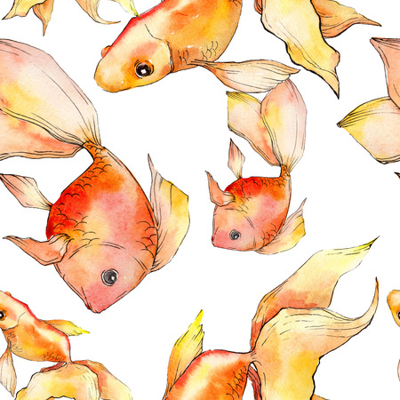 Watercolor aquatic underwater colorful tropical fish background illustration set. Watercolour drawing fashion aquarelle isolated. Seamless background pattern. Fabric wallpaper print texture.の写真素材