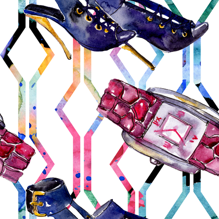 Parfume, watch, shoes and bag sketch fashion glamour illustration in a watercolor style. Watercolour clothes accessories set trendy vogue outfit. Aquarelle fashion sketch for seamless pattern.の写真素材