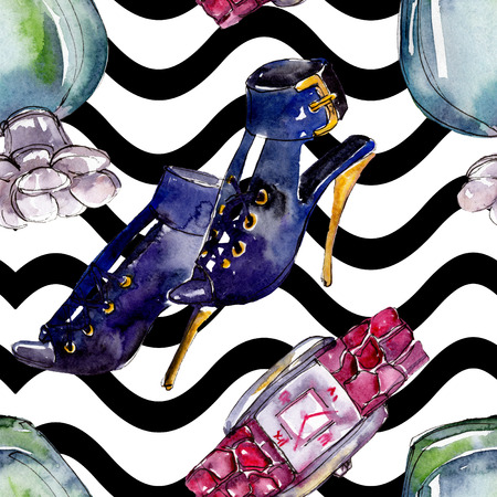 Parfume, watch, shoes and bag sketch fashion glamour illustration in a watercolor style. Watercolour clothes accessories set trendy vogue outfit. Aquarelle fashion sketch for seamless pattern.の写真素材
