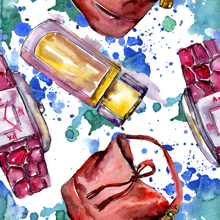 Parfume, watch, shoes and bag sketch fashion glamour illustration in a watercolor style. Watercolour clothes accessories set trendy vogue outfit. Aquarelle fashion sketch for seamless pattern.の写真素材