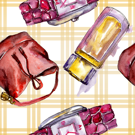 Parfume, watch, shoes and bag sketch fashion glamour illustration in a watercolor style. Watercolour clothes accessories set trendy vogue outfit. Aquarelle fashion sketch for seamless pattern.の写真素材