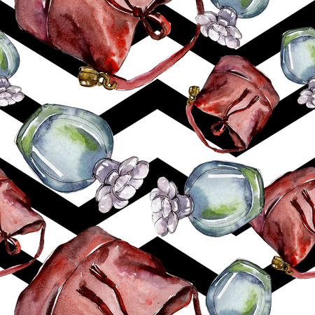 Parfume, watch, shoes and bag sketch fashion glamour illustration in a watercolor style. Watercolour clothes accessories set trendy vogue outfit. Aquarelle fashion sketch for seamless pattern.の写真素材