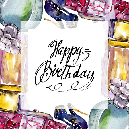 Parfume, watch, shoes and bag sketch fashion glamour illustration in a watercolor style. Watercolour clothes accessories set trendy vogue outfit. Aquarelle sketch for background, frame or border.の写真素材