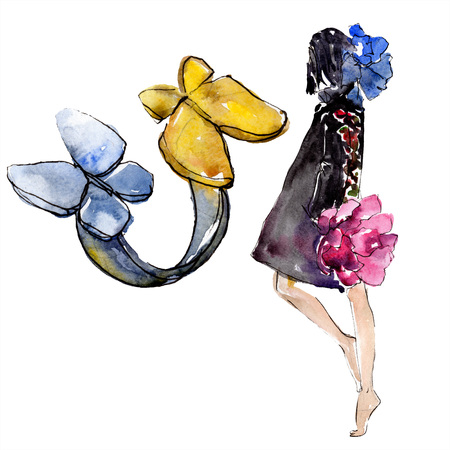 Woman and ring sketch fashion glamour illustration in a watercolor style isolated element. Clothes accessories set trendy vogue outfit. Watercolour background illustration set.の写真素材