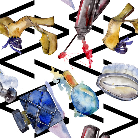 Fashionable sketch fashion glamour illustration in a watercolor style element. Clothes accessories set trendy vogue outfit. Watercolour set seamless background pattern. Fabric wallpaper print texture.の写真素材