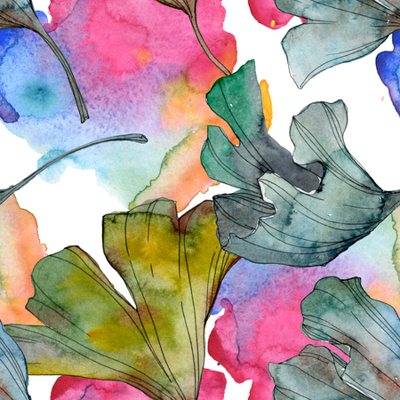 Ginkgo biloba leaf plant botanical garden floral foliage. Watercolor illustration set. Watercolour drawing fashion aquarelle isolated. Seamless background pattern. Fabric wallpaper print texture.の写真素材
