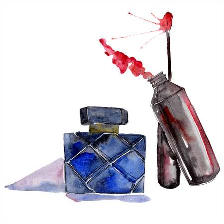 Lip gloss and perfume sketch fashion glamour illustration in a watercolor style isolated element. Clothes accessories set trendy vogue outfit. Watercolour background illustration set.の写真素材
