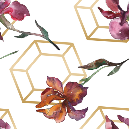 Purplr ahd red irises flower. Wild spring leaf wildflower. Watercolor illustration set. Watercolour drawing fashion aquarelle isolated. Seamless background pattern. Fabric wallpaper print texture.の写真素材