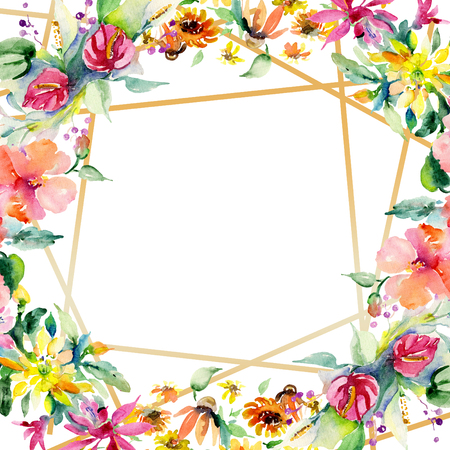 Red, yellow and orange floral botanical flower bouquets. Wild spring leaf isolated. Watercolor background illustration set. Watercolour drawing fashion aquarelle. Frame border ornament square.の写真素材
