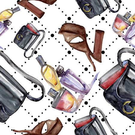 Fashionable sketch fashion glamour illustration in a watercolor style element. Clothes accessories set trendy vogue outfit. Watercolour set seamless background pattern. Fabric wallpaper print texture.の写真素材