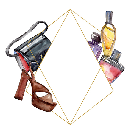 Fashionable sketch in a watercolor style isolated element. Clothes accessories set trendy vogue outfit. Watercolour background illustration set. Frame border ornament square.の写真素材