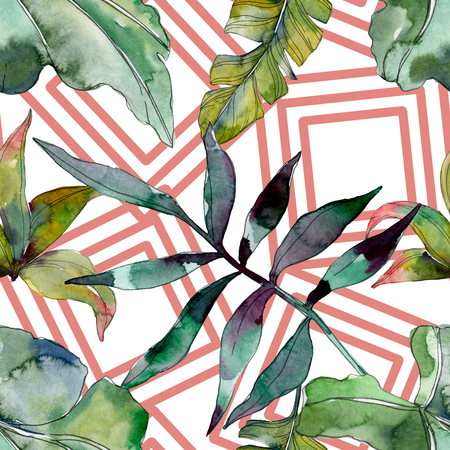 Green leaf plant botanical. Exotic tropical hawaiian summer. Watercolor illustration set. Watercolour drawing fashion aquarelle isolated. Seamless background pattern. Fabric wallpaper print texture.の写真素材