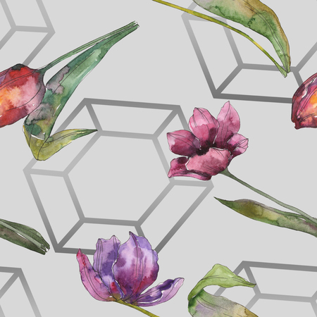 Purple tulip floral botanical flowers. Wild spring leaf isolated. Watercolor illustration set. Watercolour drawing fashion aquarelle. Seamless background pattern. Fabric wallpaper print texture.の写真素材