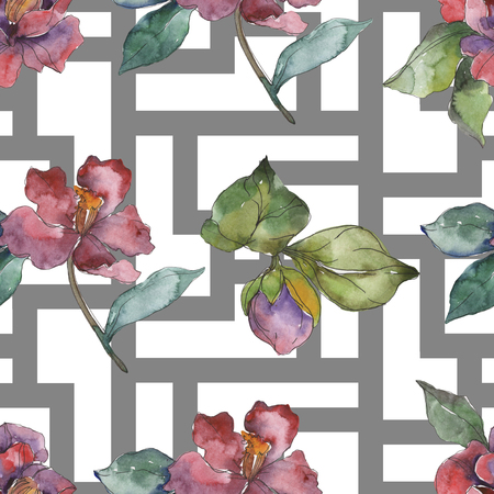 Red purple camelia botanical flower. Wild spring leaf isolated. Watercolor illustration set. Watercolour drawing fashion aquarelle. Seamless background pattern. Fabric wallpaper print texture.の写真素材