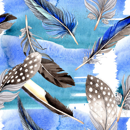 Bird feather from wing isolated. Watercolor background illustration set. Watercolour drawing fashion aquarelle isolated. Seamless background pattern. Fabric wallpaper print texture.の写真素材