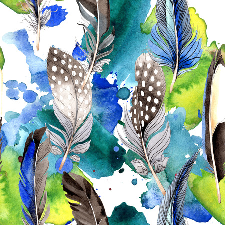 Bird feather from wing isolated. Watercolor background illustration set. Watercolour drawing fashion aquarelle isolated. Seamless background pattern. Fabric wallpaper print texture.の写真素材